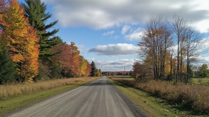 Fototapeta premium Picturesque autumn road with colorful trees and a cloudy sky creating a scenic view perfect for travel and landscape photography