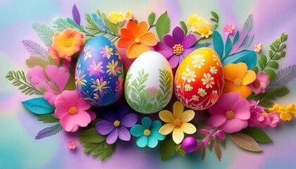 Fototapeta premium vibrant easter eggs with floral arrangement