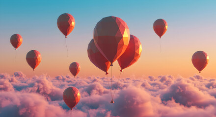 Obraz premium Floating Red Balloons Above Dreamy Pink Clouds on Golden Sky Backdrop