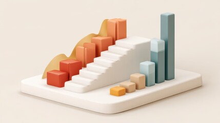 3D representation of data visualization with colorful graphs and steps on a neutral background