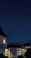 Simple Joys of the Night: A Delightful Cartoon City Illustration Sparkling with Window Light and Stars