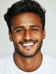 Obraz premium Portrait of a Smiling Man with Dark Hair and a White T-Shirt