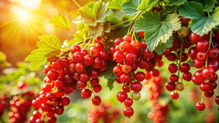 A lush bush covered in a multitude of ripe red currant berries, hanging from the branches like vibrant red jewels in the warm summer sun , juicy fruit, sunny weather