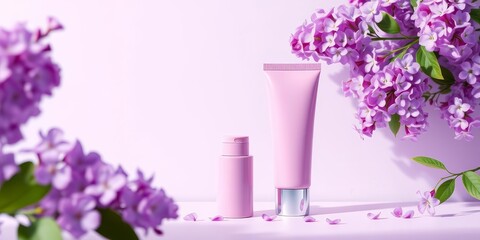 Fototapeta premium Pastel violet, purple, pink cosmetic tubes with lilac flowers Elegant beauty product mockup, cosmetic packaging, purple