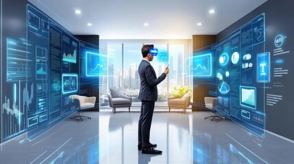 Businessman using virtual reality headset in modern office with data visualizations and city view
