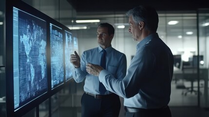 Two professionals discussing data analytics in a modern office with digital displays