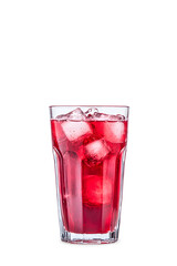 A glass of red hibiscus juice with ice isolated on white background