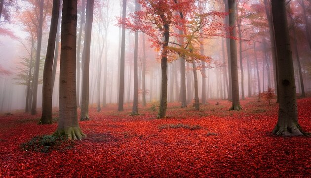 a serene autumn forest bathed in a soft ethereal light the ground is carpeted with vibrant red leaves slender trunks of the trees that fade into a misty background generative ai - Powered by Adobe