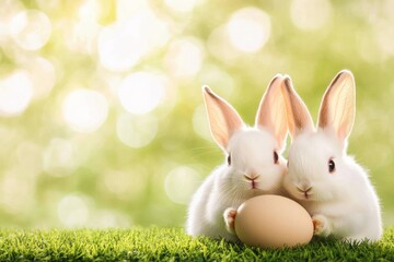 Obraz premium Two White Rabbits Hold An Easter Egg