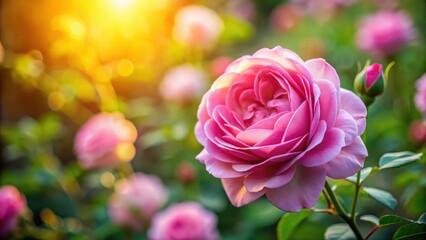 Fototapeta premium Beautiful Pink Rose Flower Closeup in Garden at Dawn, blooming roses, garden blooms