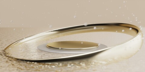 Golden Ring Podium with Water Splash – Abstract 3D Luxury Product Display