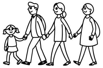 Line drawing, family walking together, simple illustration, two adults and two children