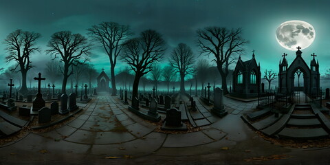 Mystery old cemetery at night, full moon. Full 360 degrees seamless spherical panorama HDRI equirectangular projection. Texture environment map for lighting and reflection source rendering 3d scenes