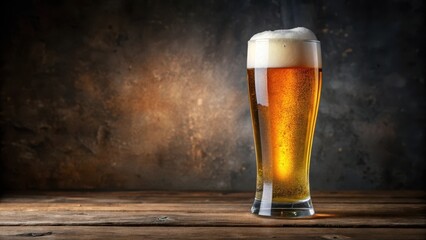 A tall glass filled with a refreshing golden lager beer, topped with a thick frothy head that slowly settles over the rim, glass