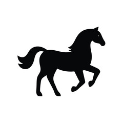 Silhouette of a horse in black against a white background prancing gracefully forward