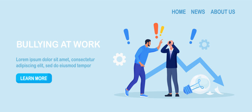 Abuse or bullying colleagues. Boss scolding, rebuking incompetent employee. Businessman as victim of bullies. Fear of failure, loser afraid of business mistake, anxiety or stressed from work pressure