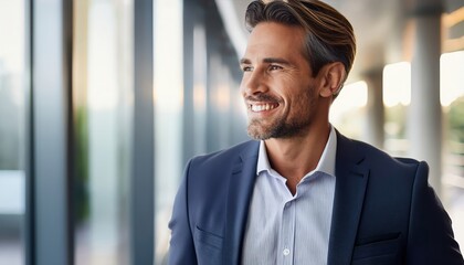 Confident businessman in smart attire smiles by large windows, radiating positivity.