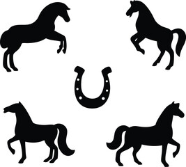 Horse Silhouettes & Horseshoe Symbol – Minimalist Western Equestrian Vector Art