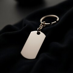 Fototapeta premium keychain mockup, blank metal tag with smooth matte finish, placed on a black velvet cloth, luxurious and premium look, soft lighting with dramatic contrast and shadows