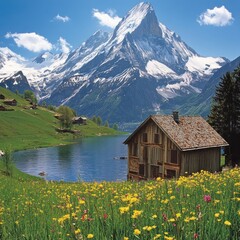 Alpine village nestled by a lake, mountains in background