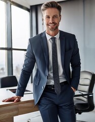 Fototapeta premium A confident person in a suit stands by a sleek desk, prepared for a meeting in a modern office.