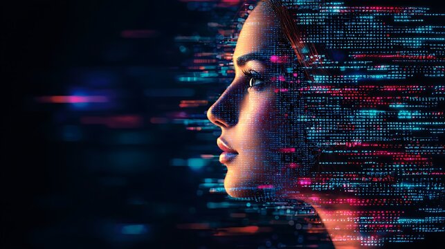 Woman profile, digital code overlay
