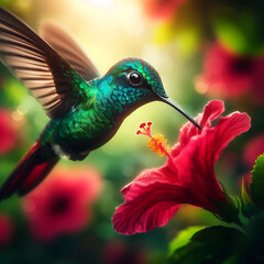Hummingbird Feeding on Hibiscus