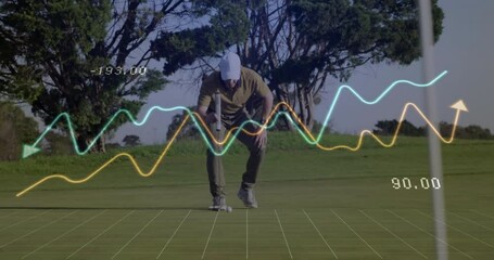 Male golfer lining up golf ball with putter on green, showing digital analytics overlays - Powered by Adobe