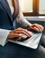 Focused entrepreneur types on a sleek laptop in a bright corporate environment during sunset hours