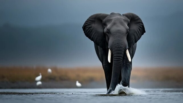 Majestic elephant walking through shallow water in a tranquil natural landscape, with birds visible in the background.