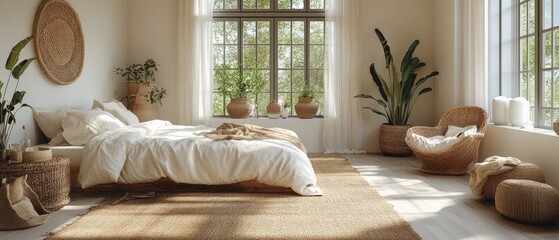 Bright bedroom with a bed plants and a large window.