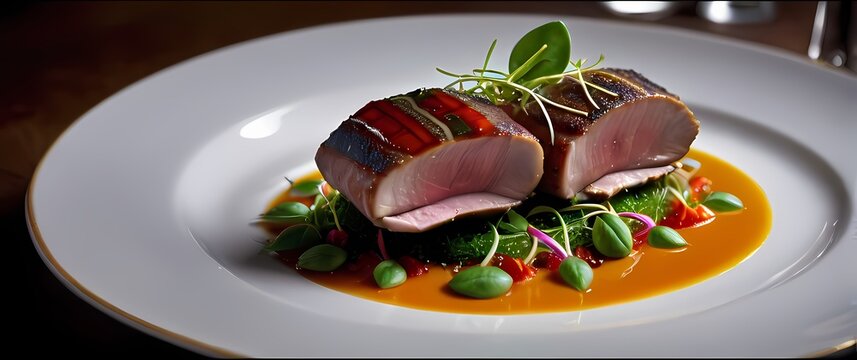 Creative restaurant dish of seared duck breast with colorful accompanying sauces and microgreens on fine china