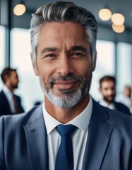 Naklejka premium A stylish silver haired man confidently networks with colleagues in a vibrant workplace.