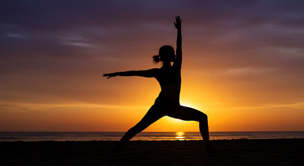 Silhouette of Person in Yoga Warrior Pose Against Dramatic Sunset Sky on Beach Setting