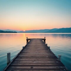 Fototapeta premium Wooden jetty extending into calm Chiemsee waters, beautiful, boat