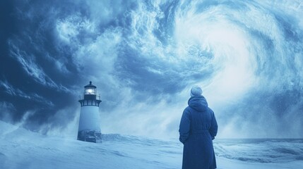 A lone figure in a winter coat gazes at a swirling vortex in the sky near a lighthouse.