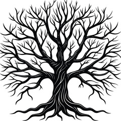 A black tree silhouette vector showcases its branching design and root illustration, a natural element often depicted in art