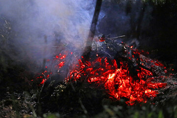 burning fire on a dark blurry background by the light of a lantern in the smoke during the protest,...