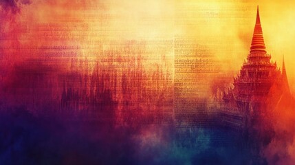 Mystical sunset over ancient temple with ethereal color gradation
