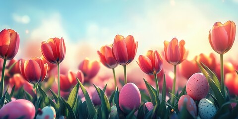 Colorful tulip garden with decorated Easter eggs at sunrise