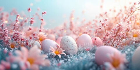 Pink flowers and decorated eggs create a serene spring atmosphere in a blooming garden setting during daylight