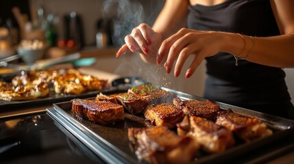 Seasoning grilled meat for a meal, preparing cooked steaks with care and precision.