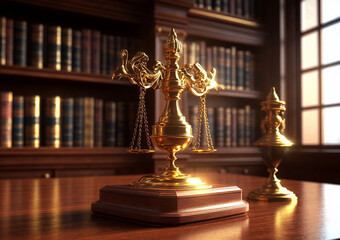 Golden scales of justice on a wooden desk in a law library