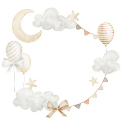 Watercolor sky wreath with balloons, clouds, and moon. Illustration for baby shower cards or newborn party invitations. Art for Birthday templates or nursery poster in pastel colors.