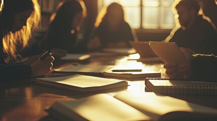 A diverse group of five young adults collaborates around a table in a bright, modern space filled with natural light.