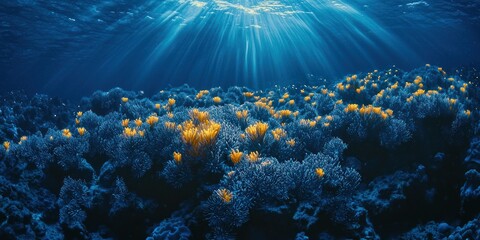 Obraz premium A coral reef teeming with thousands of tiny, glowing coral polyps, creating a mesmerizing pattern