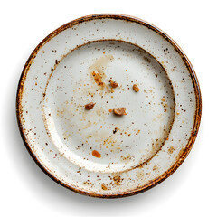Top view dirty plate after eating isolated on white background