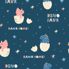 Seamless pattern with cute baby dinosaurs hatching from eggs, birthday cakes, candles, bunting, and stars in soft pastel tones. Ideal for kids birthday party decor, wrapping paper, apparel