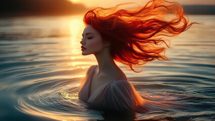 Fototapeta premium Woman Bathing in Water at Sunset with Flowing Red Hair