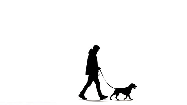 Silhouette Stroll: A person and dog, rendered in striking black and white, embark on a peaceful walk. This image speaks to the bond, companionship, and simple joy of everyday life.